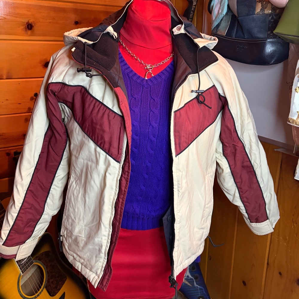 Vintage Body Glove Women’s Ski Jacket Red & Tan Full Zipper Removable Hood Sz 14